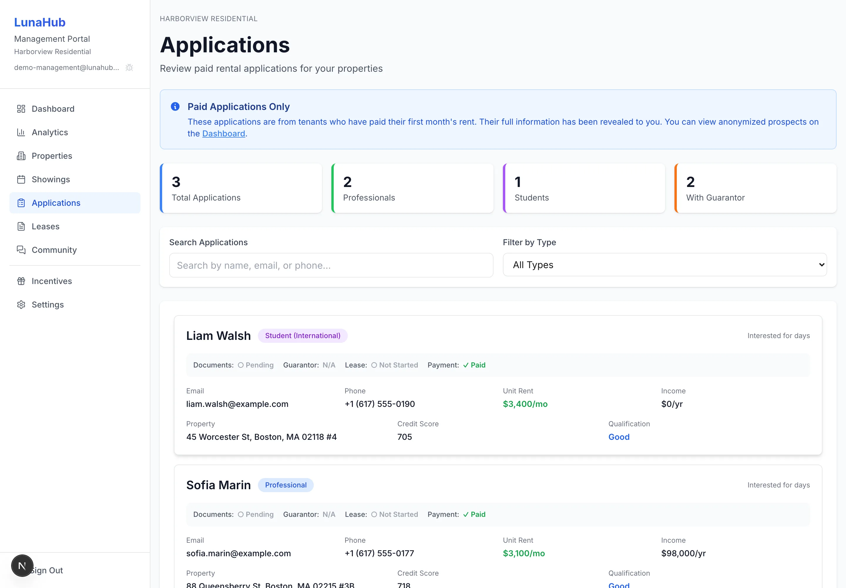 Applications review queue in the LunaHub management portal