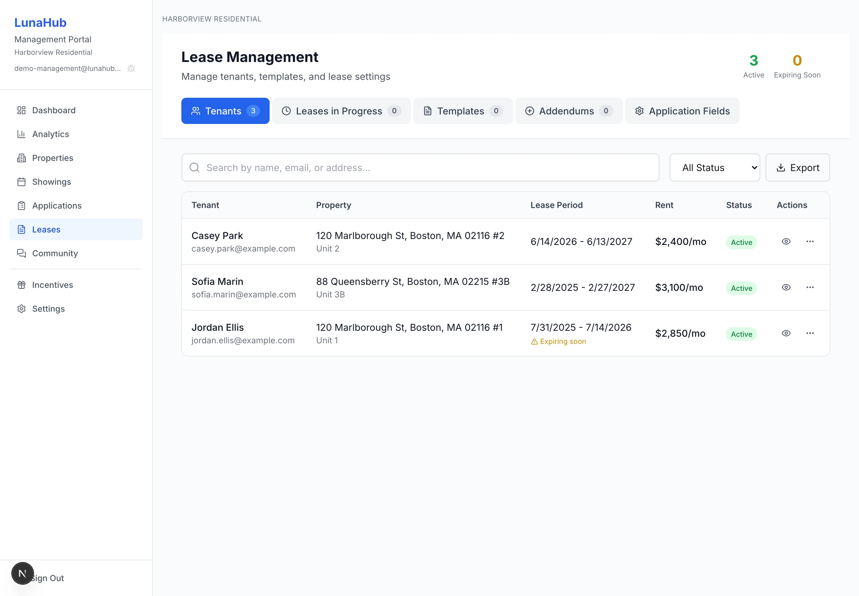 Lease management and e-signature tracking in LunaHub