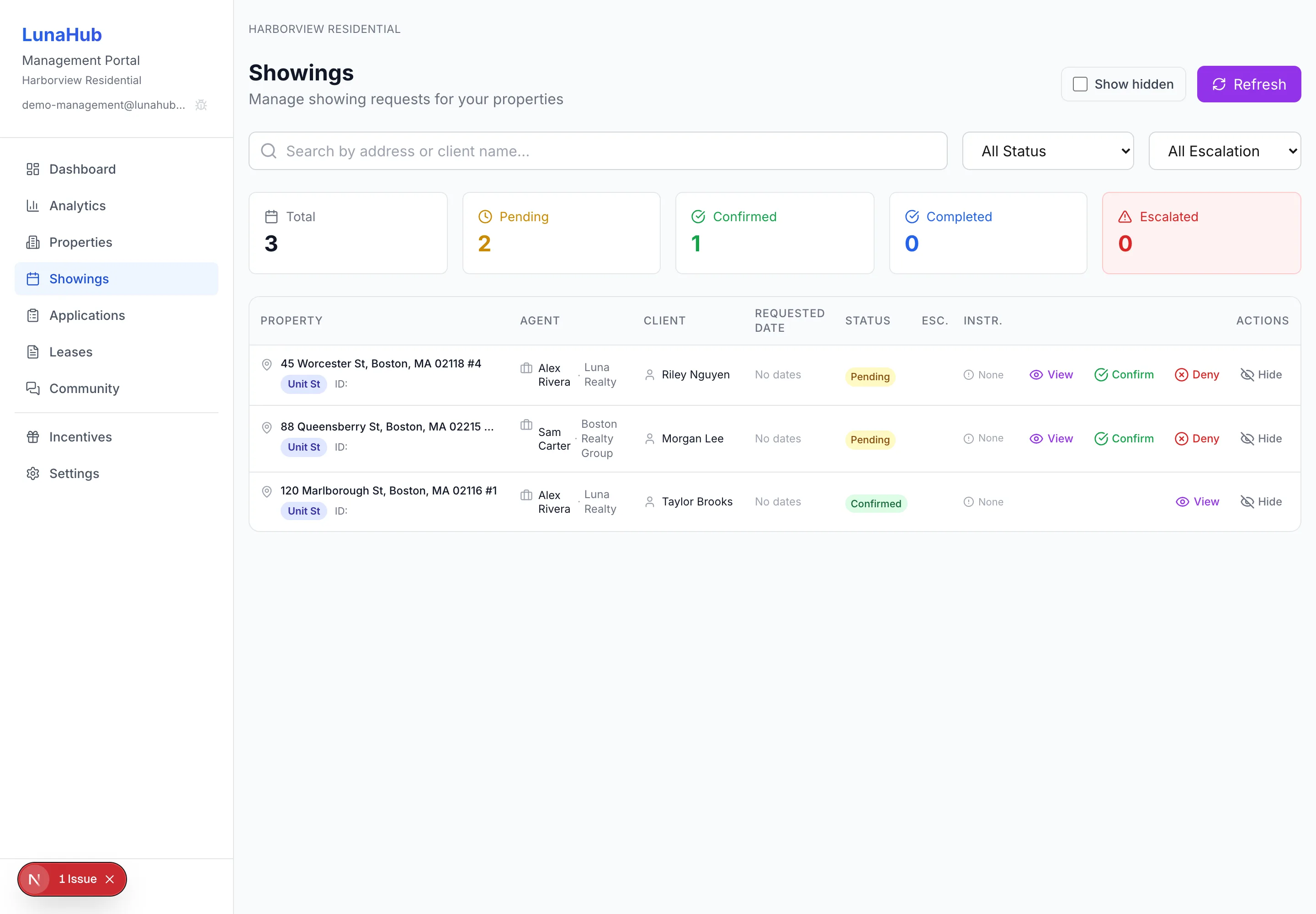 Showing requests management in LunaHub